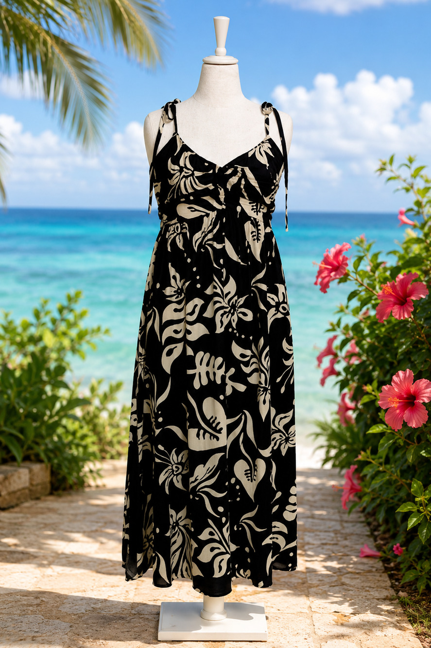 GAP NWT Tropical Floral Midi Dress L Black Cream Tie Strap Smocked Back
